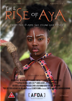 Poster for The Rise of Aya, featuring a flame-lit portrait with painted typography